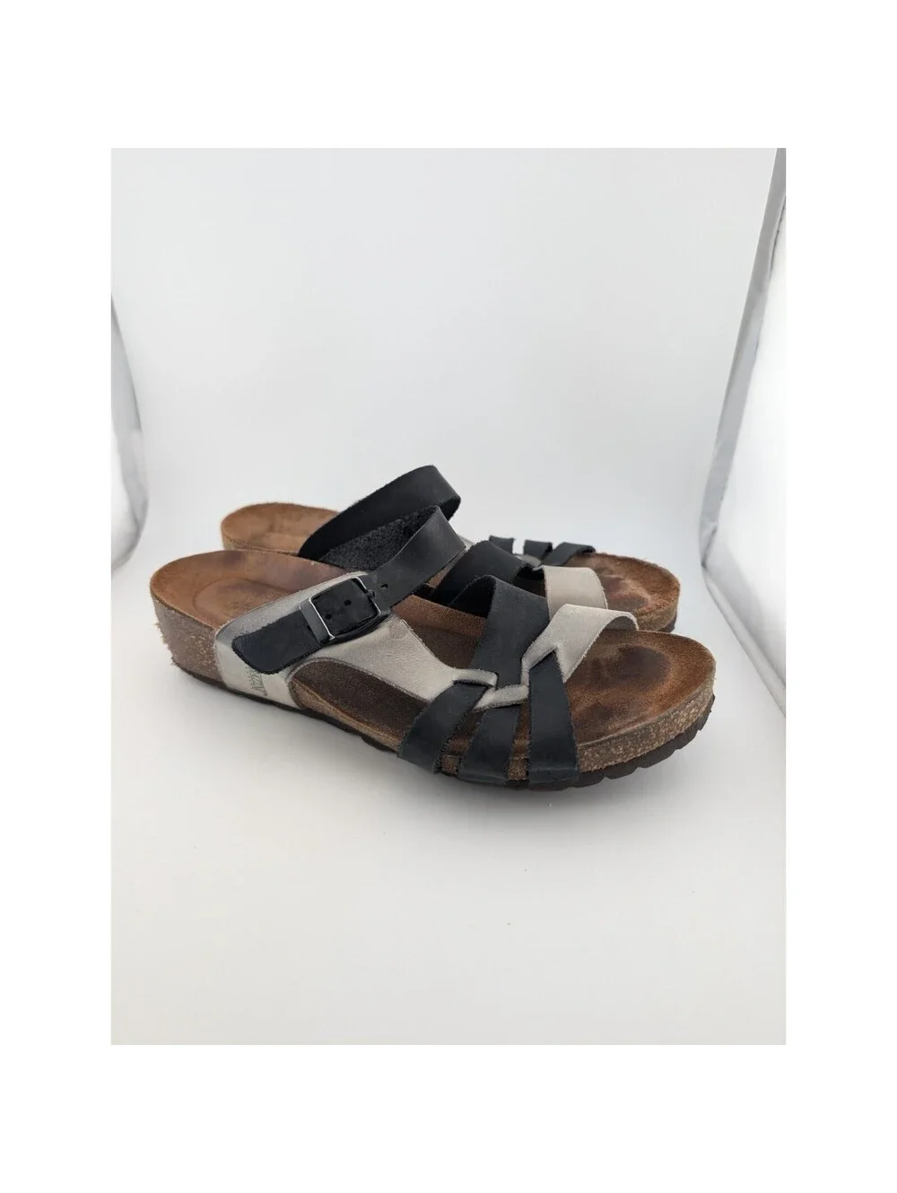 Sabatini Women's Size 6.5 Leather Sandals Blue White Cork Wedge Comfort